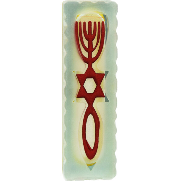 'One New Man' Glass Mezuzah with Grafted In Symbol - 4" (front view)