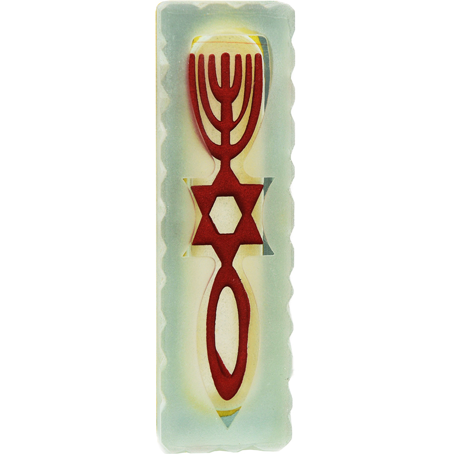 ‘One New Man’ Glass Mezuzah with Grafted In Symbol – 4″ (front view)