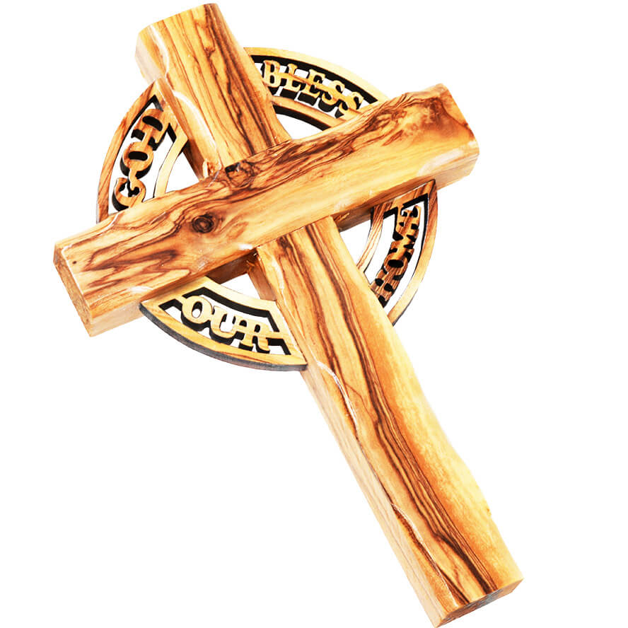 Olive Wood Celtic Cross with 'God Bless Our Home' Cut-Out - 9"