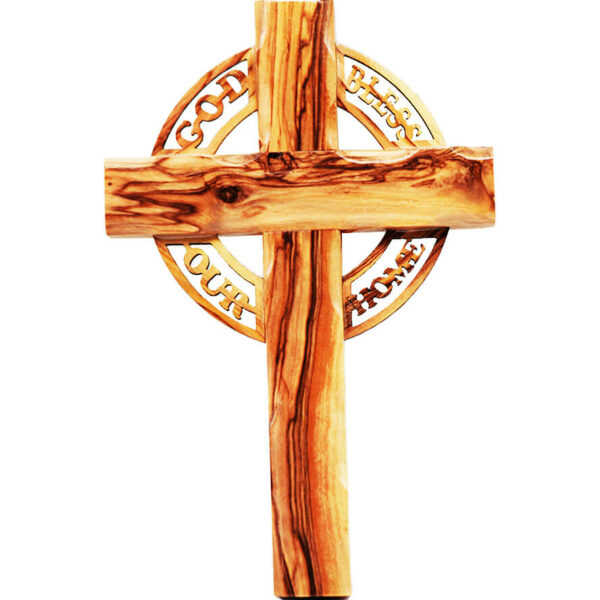 Olive Wood Celtic Cross with 'God Bless Our Home' Cut-Out - 9" (wall hanging)