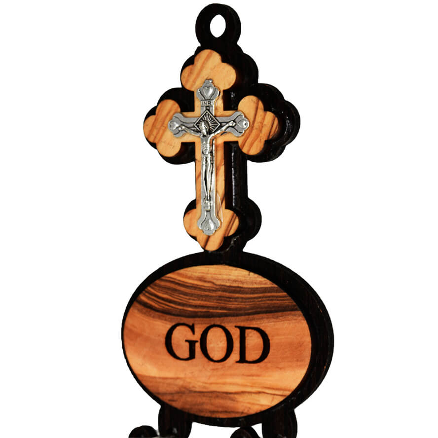 ‘God Bless Our Home’ Olive Wood Wall Hanging with Crucifix (detail)