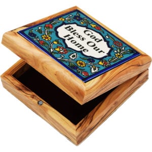 'God Bless Our Home' Armenian Ceramic Tile on Olive Wood Box - 3 Sizes (with lid open)