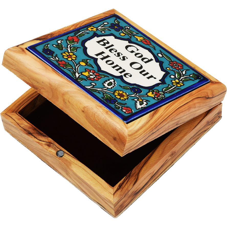 ‘God Bless Our Home’ Armenian Ceramic Tile on Olive Wood Box – 3 Sizes (with lid open)