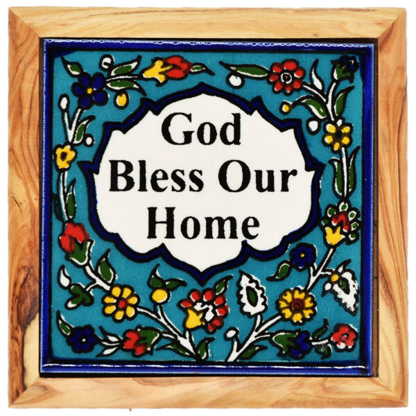 'God Bless Our Home' Armenian Ceramic Tile on Olive Wood Box - 3 Sizes (top view)