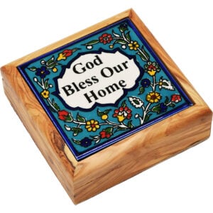 'God Bless Our Home' Armenian Ceramic Tile on Olive Wood Box - 3 Sizes