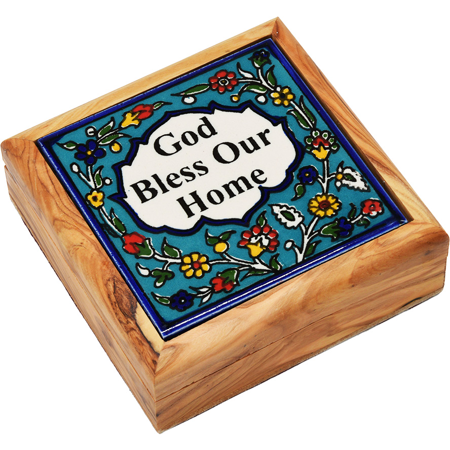 ‘God Bless Our Home’ Armenian Ceramic Tile on Olive Wood Box – 3 Sizes