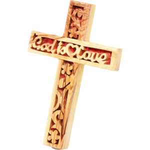 'GOD IS LOVE' Olive Wood 'BLOOD of CHRIST' Wall Cross Carving (side view)