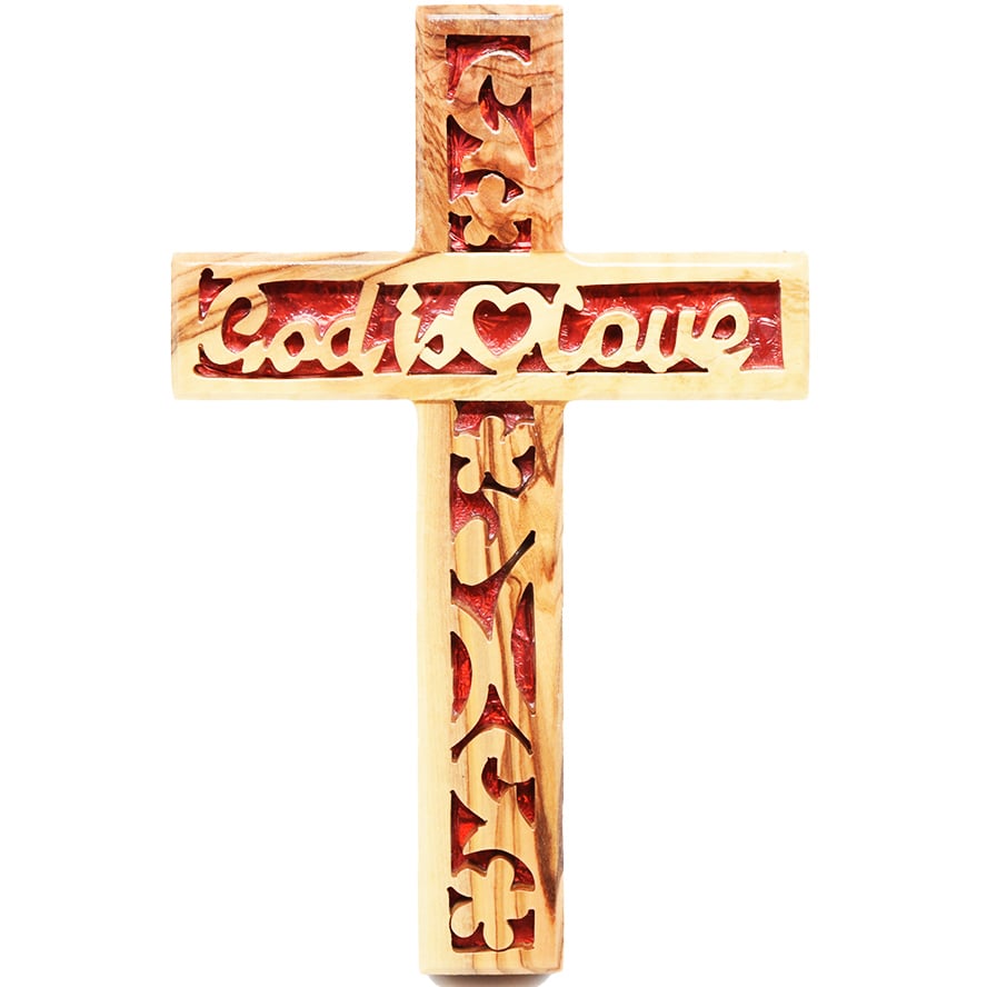‘GOD IS LOVE’ Olive Wood ‘BLOOD of CHRIST’ Wall Cross Carving