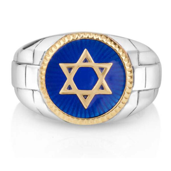 Sterling Silver & Blue Enamel Gold Plated 'Star of David' Men's Ring (front face)