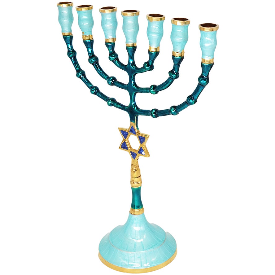 Blue Enamel Brass ‘Star of David’ Menorah – 10″ (angle view)
