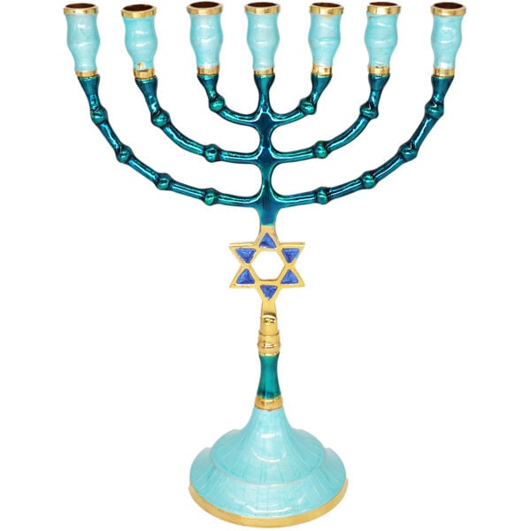 Blue Enamel Brass 'Star of David' Menorah - 10"