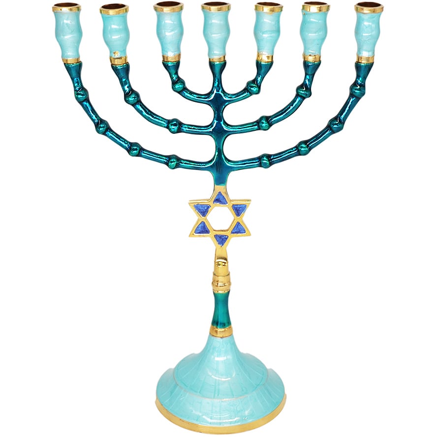 Blue Enamel Brass ‘Star of David’ Menorah – 10″