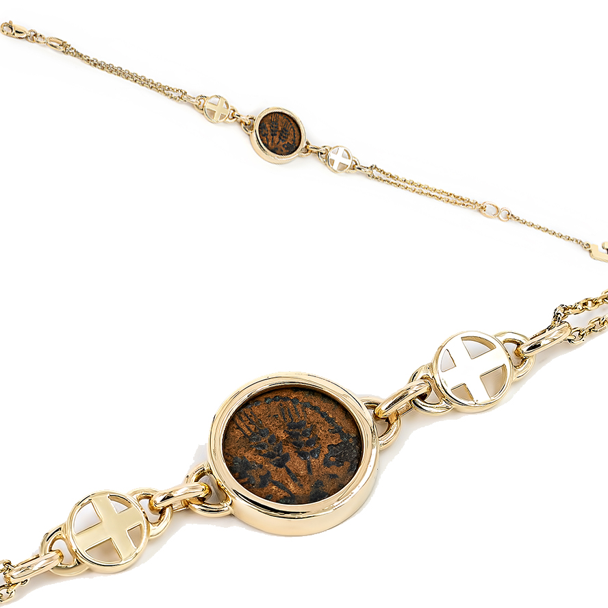 Herod Agrippa I' Coin set in 14k Gold Bracelet with Cross - Made in Israel