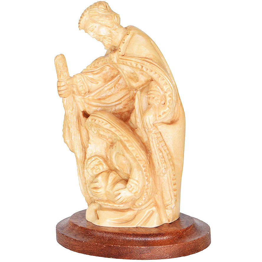 ‘Holy Family’ Figurine with Faces Ornament – Olive Wood Carving – 4″ (side view)
