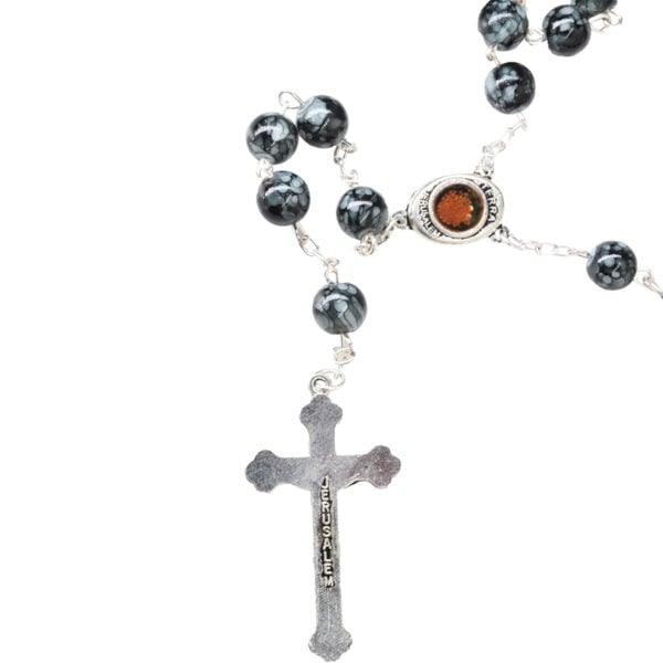 Marble Rosary Beads with 'Mary and Jesus' Icon - Jerusalem Soil and Crucifix (reverse side)