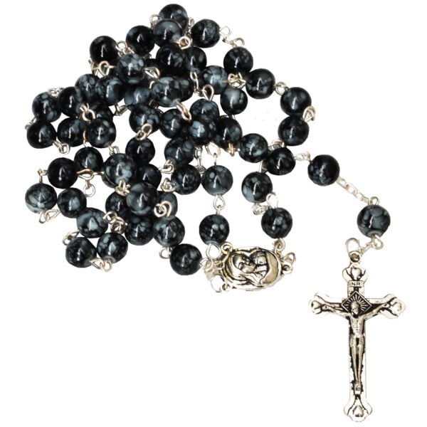Marble Rosary Beads with 'Mary and Jesus' Icon - Jerusalem Soil and Crucifix