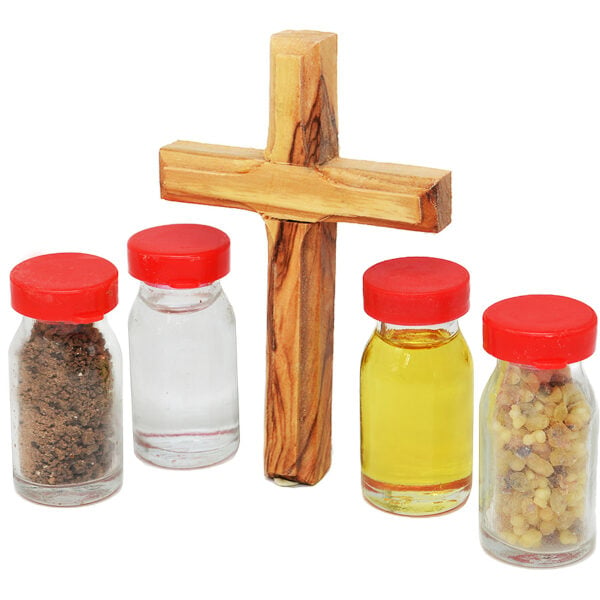 Biblical Elements set - Olive Wood Cross with Water, Oil, Incense and Soil