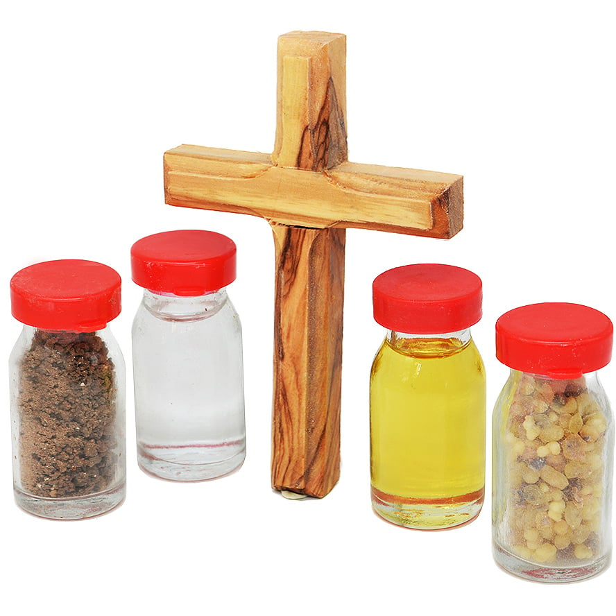 Biblical Elements set – Olive Wood Cross with Water, Oil, Incense and Soil
