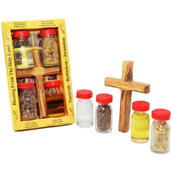 Holy Land Elements - Olive Wood Cross with Water, Oil, Incense and Soil