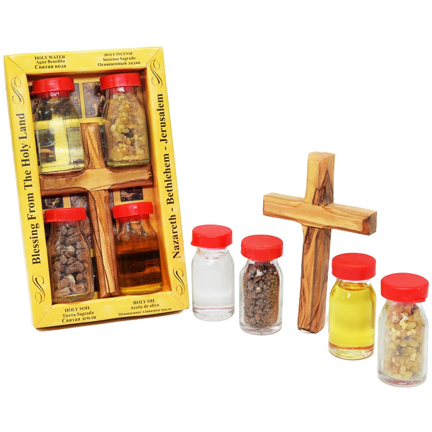 Holy Land Elements – Olive Wood Cross with Water, Oil, Incense and Soil