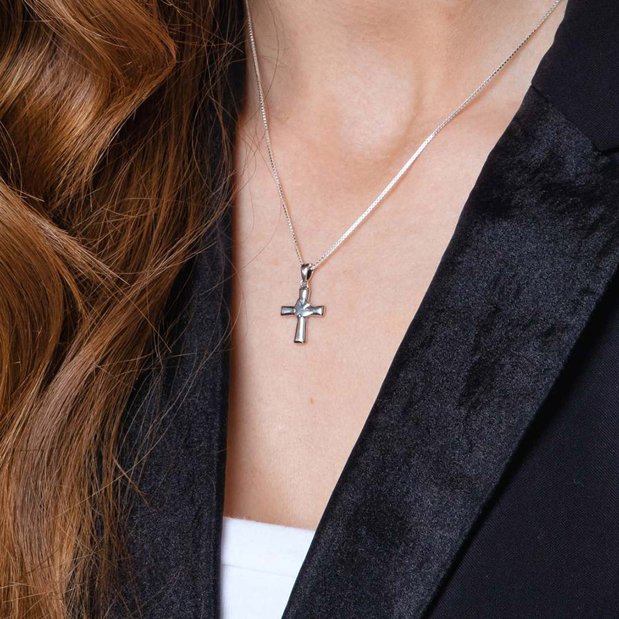 Sterling Silver Cross with Holy Spirit Dove Necklace from Jerusalem – on model
