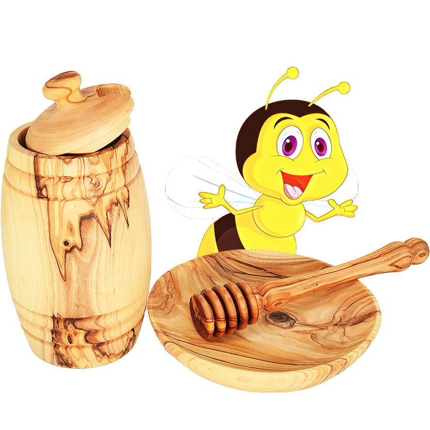 'Honey Pot, Dipper and Dish' made from Olive Wood in Israel