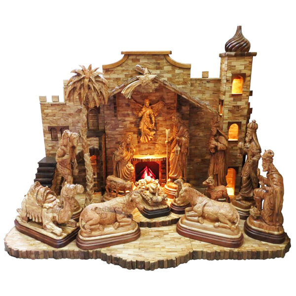 Huge Olive Wood Nativity Set from Bethlehem with Lights