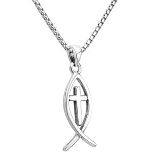 Classic Ichthus Sterling Silver Fish with Cross Necklace (with chain)