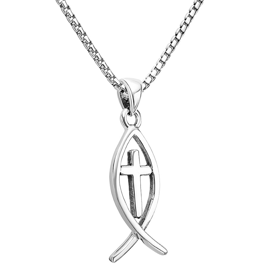 Classic Ichthus Sterling Silver Fish with Cross Necklace (with chain)