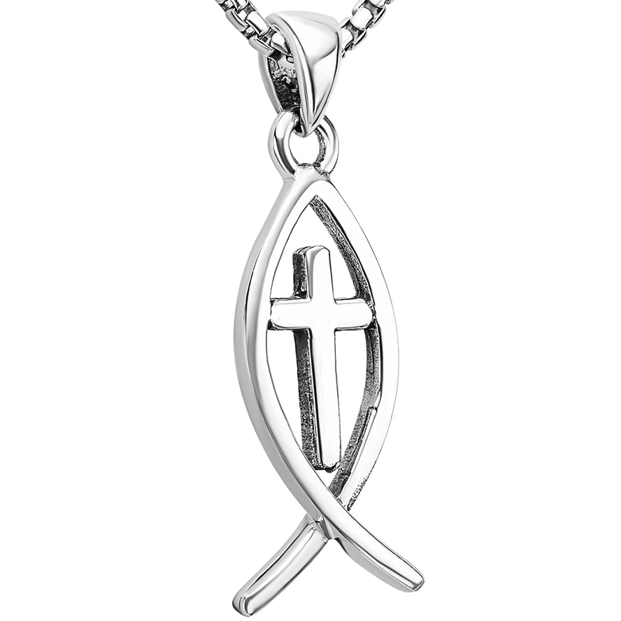 Classic Ichthus Sterling Silver Fish with Cross Necklace