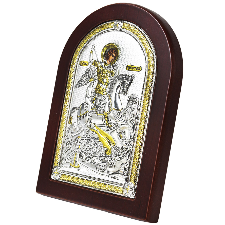 Arched ‘Saint George Slaying the Dragon’ Icon – Silver Plated with Wood