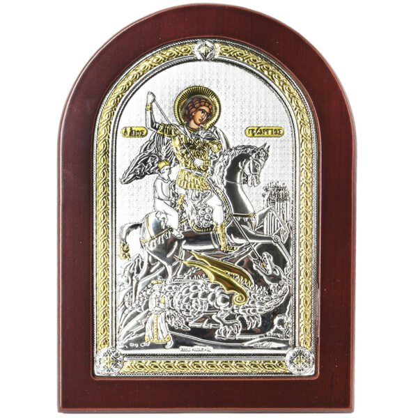 Arched 'Saint George Slaying the Dragon' Icon - Silver Plated with Wood