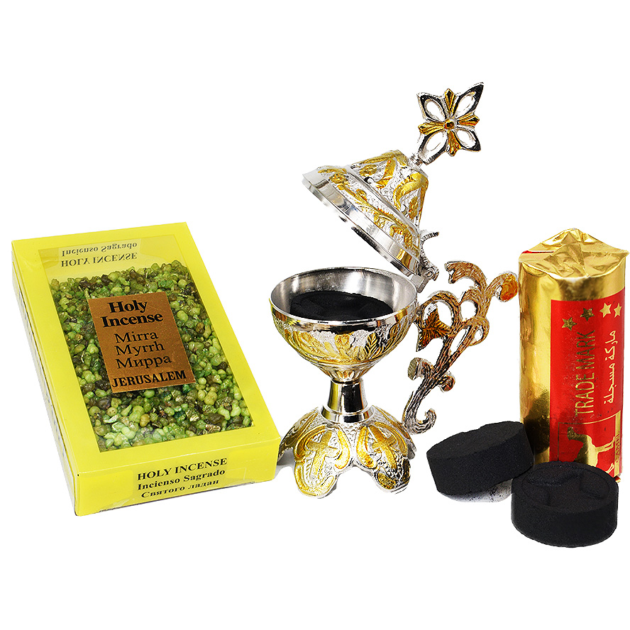 Incense Burner with Cross, Myrrh Incense and Charcoal (open lid)