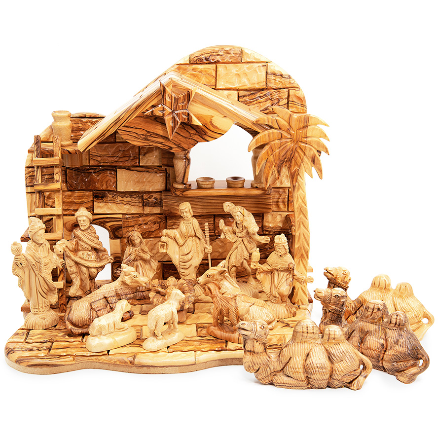 Musical Nativity Set with Camels from Olive Wood - Made in Israel