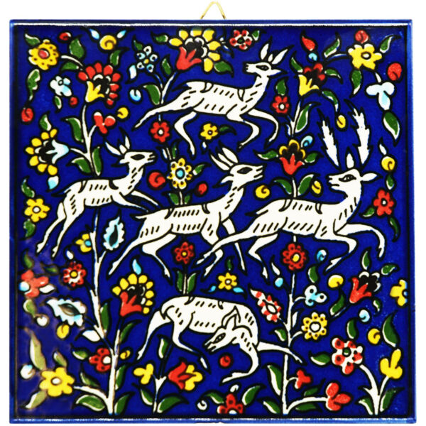 Jerusalem Ceramic 'Deer in the Flowers' Wall Hanging Tile - 6"