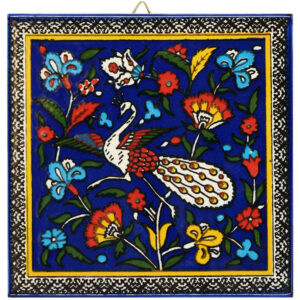 Jerusalem Ceramic 'Peacock and Flowers' Wall Hanging Tile - 6"