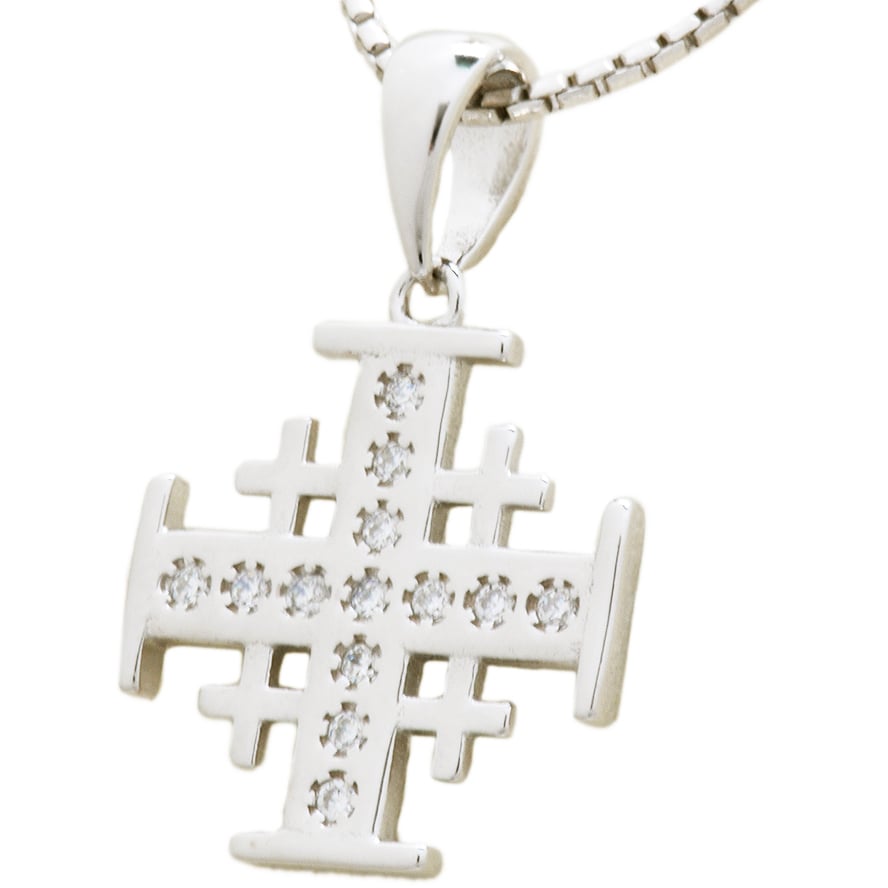 13 Zircon Stones Embedded ‘Jerusalem Cross’ Sterling Silver