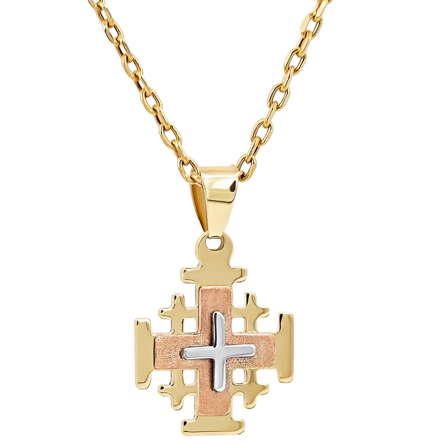 'Jerusalem Cross' 14k Yellow, Rose and White Gold Pendant (with chain)