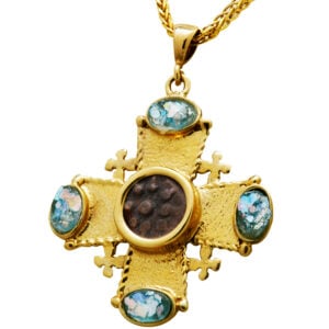 Widow's Mite set in 14k Gold 'Jerusalem Cross' with Roman Glass (angle view)