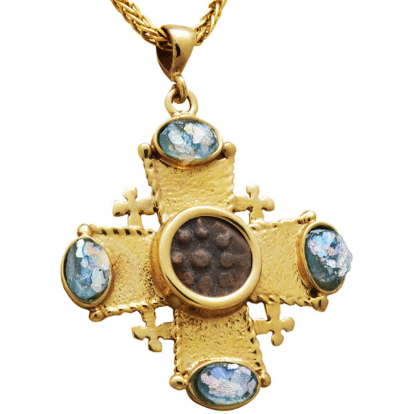 Widow's Mite set in 14k Gold 'Jerusalem Cross' with Roman Glass