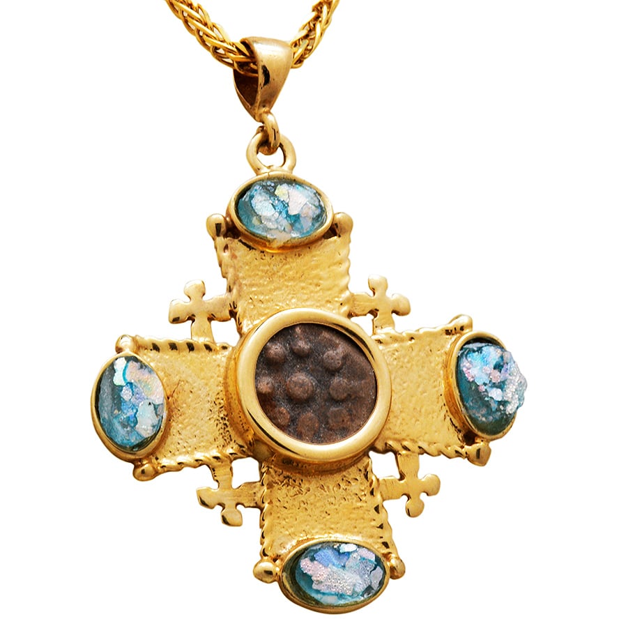 Widow’s Mite set in 14k Gold ‘Jerusalem Cross’ with Roman Glass