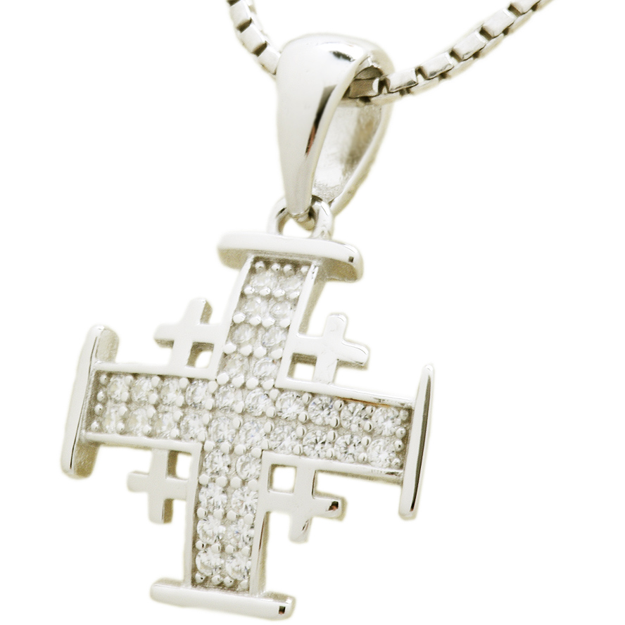 Silver ‘Jerusalem Cross’ Pendant with 36 Zircon Stones (side view)