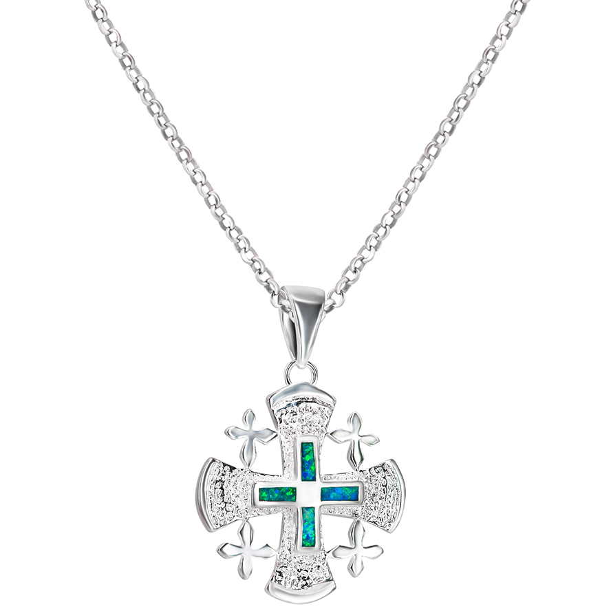 The ‘Jerusalem Cross’ 4 Gospels Sterling Silver and Opal Necklace (with chain)