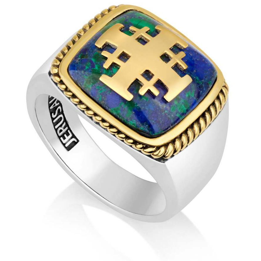 Gold Plated ‘Jerusalem Cross’ Mounted on Solomon Stone 925 Silver Ring