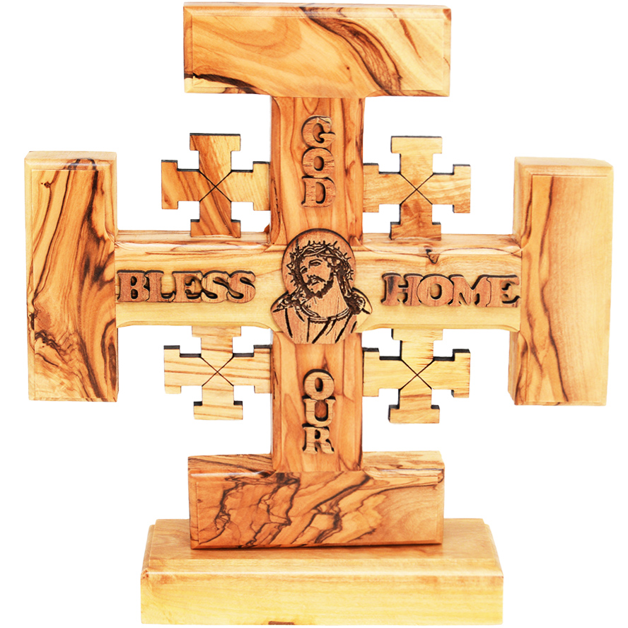 Olive Wood ‘God Bless Our Home’ Jerusalem Cross with Jesus
