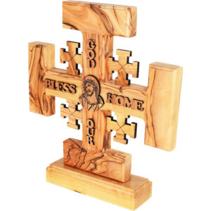Olive Wood 'God Bless Our Home' Jerusalem Cross with Jesus (side view)