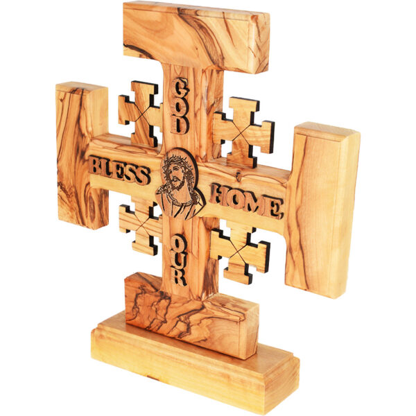 Olive Wood 'God Bless Our Home' Jerusalem Cross with Jesus (side view)