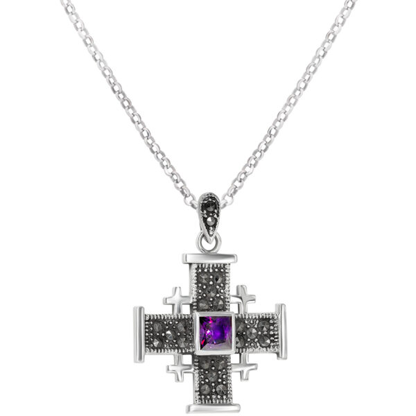 'Jerusalem Cross' Sterling Silver Pendant with Marcasite - Amethyst (with chain)
