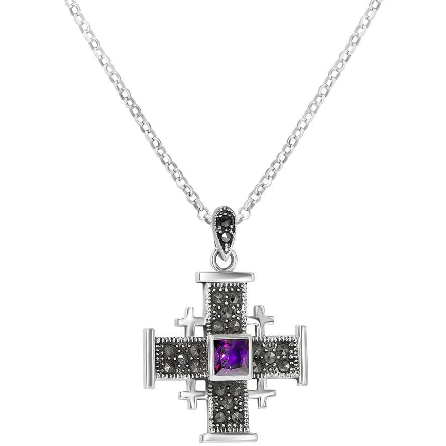 ‘Jerusalem Cross’ Sterling Silver Pendant with Marcasite – Amethyst (with chain)