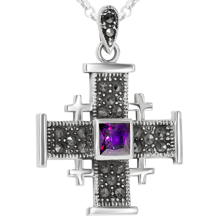 ‘Jerusalem Cross’ Sterling Silver Pendant with Marcasite – Amethyst